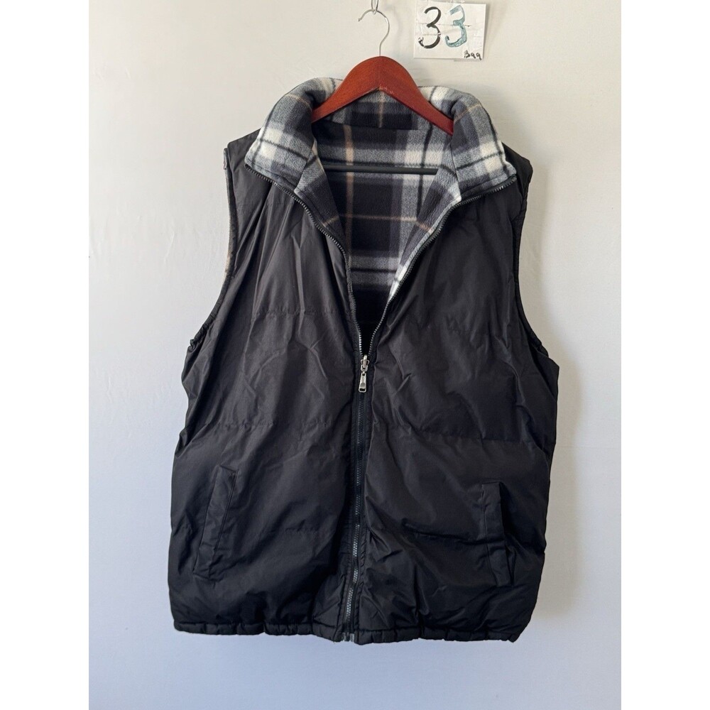 Platoon Reversible Vest Mens L Black Puffer Plaid Fleece Full Zip Outdoor
